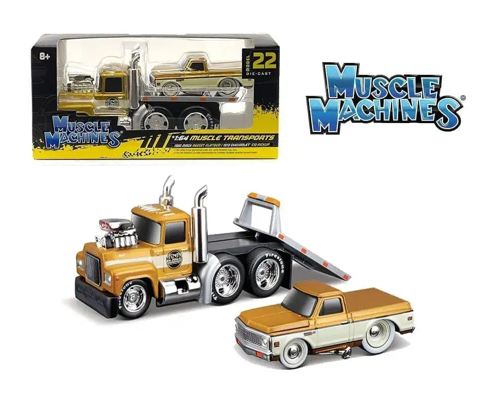 Muscle Machines 1:64 1980 Mack Flatbed + 1972 Chevy C10 Pickup GOLD