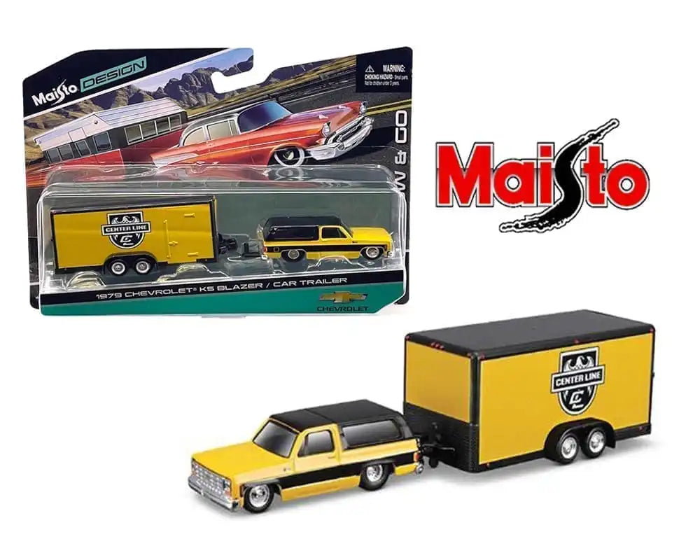 Maisto 1:64 Chevy K5 Blazer w/ Car Trailer-Yellow
