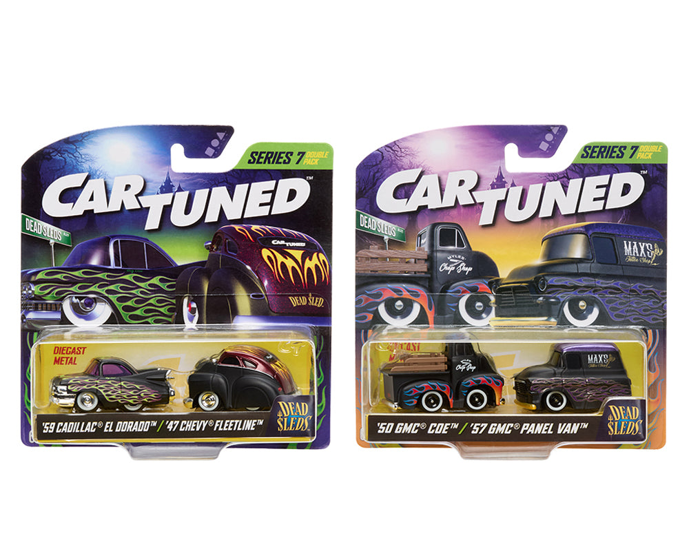 CarTuned 1:64 2-Pack Series 7 “Dead Sleds” – 1959 Cadillac, 1947 Chevy Fleetline, 1950 GMC COE, 1957 GMC Panel Van