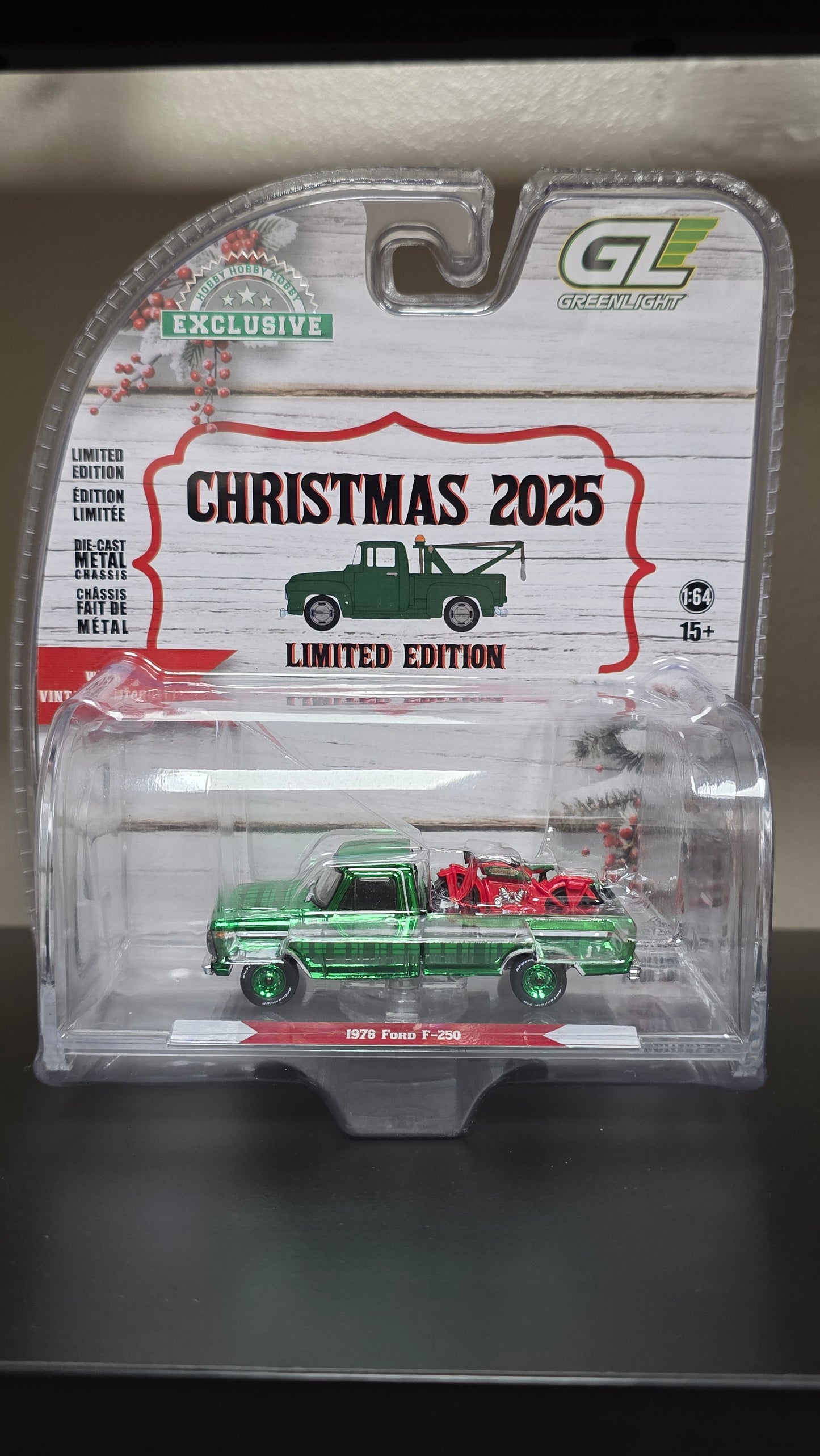 Greenlight 1:64 2025 Christmas Edition 1978 Ford F-250 with Vintage Motorcycle – "Chase"