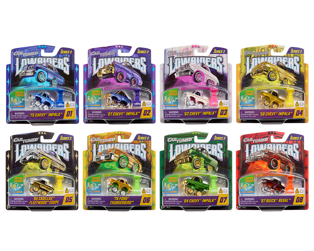 CarTuned 1:64 Lowriders SHOW GLOW Series 3 Assortment of 8 Styles 2026 – L.E.D. Light Up & Hopper Chassis Option