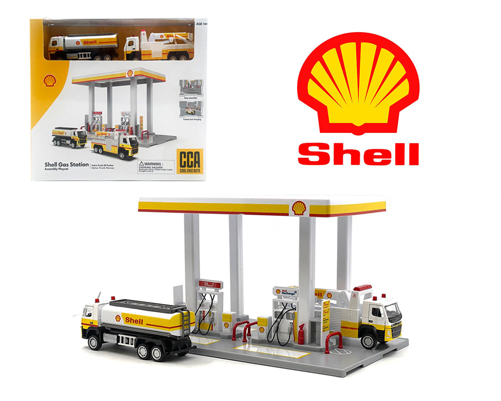 CCA 1:64 Shell Gas Station Playset with Volvo Oil Tanker & Volvo Tow Truck (9.75″ L x 5.5″ W x 5.5″ H