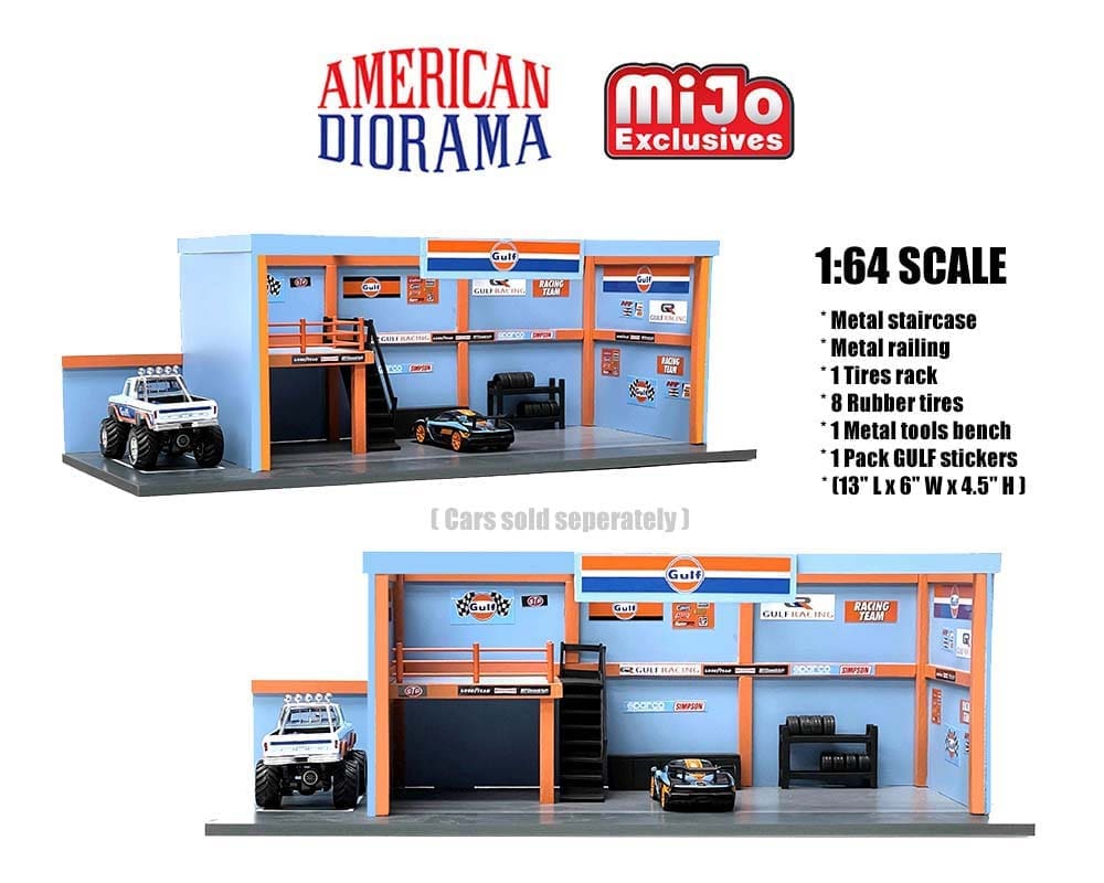 American Diorama 1:64 Mijo Exclusive Garage Diorama with Auto World GULF Stickers Included