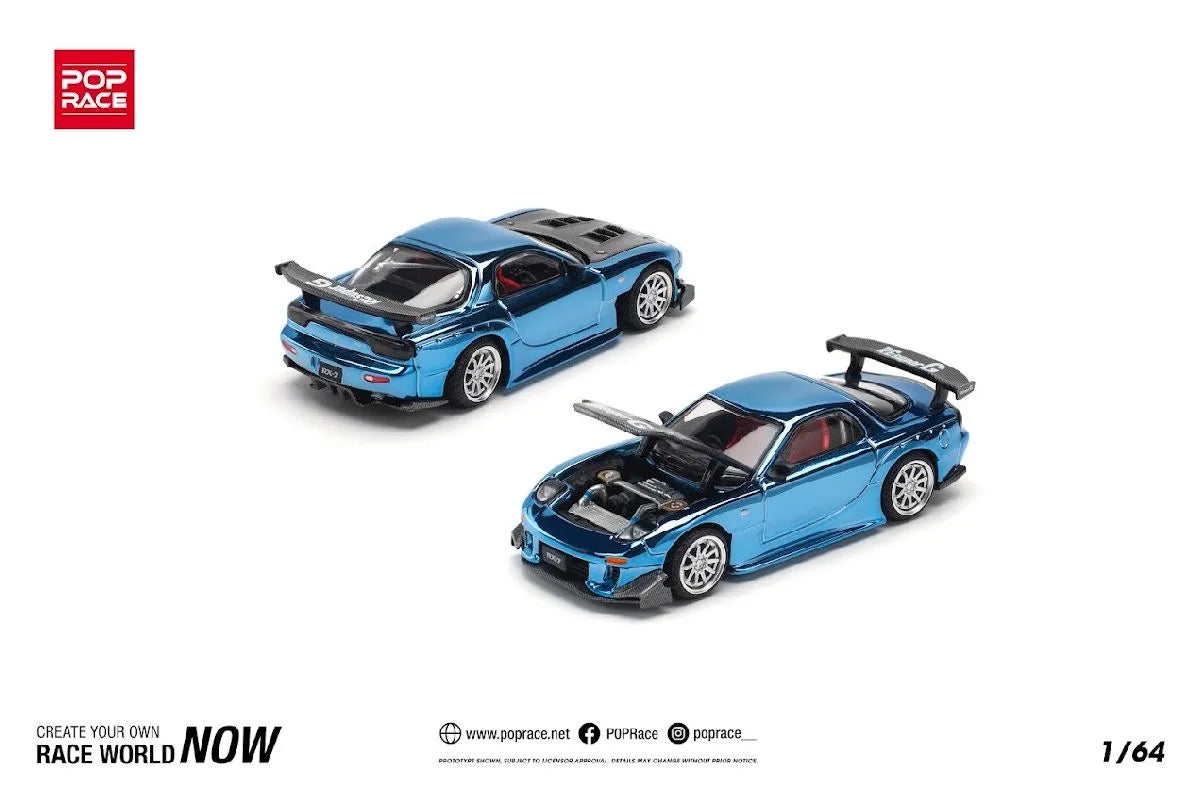 PopRace Mazda RX7 Re-Amemiya Widebody – Blue Chrome 1/64 Scale Diecast