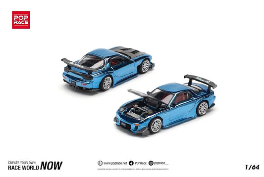 PopRace Mazda RX7 Re-Amemiya Widebody – Blue Chrome 1/64 Scale Diecast